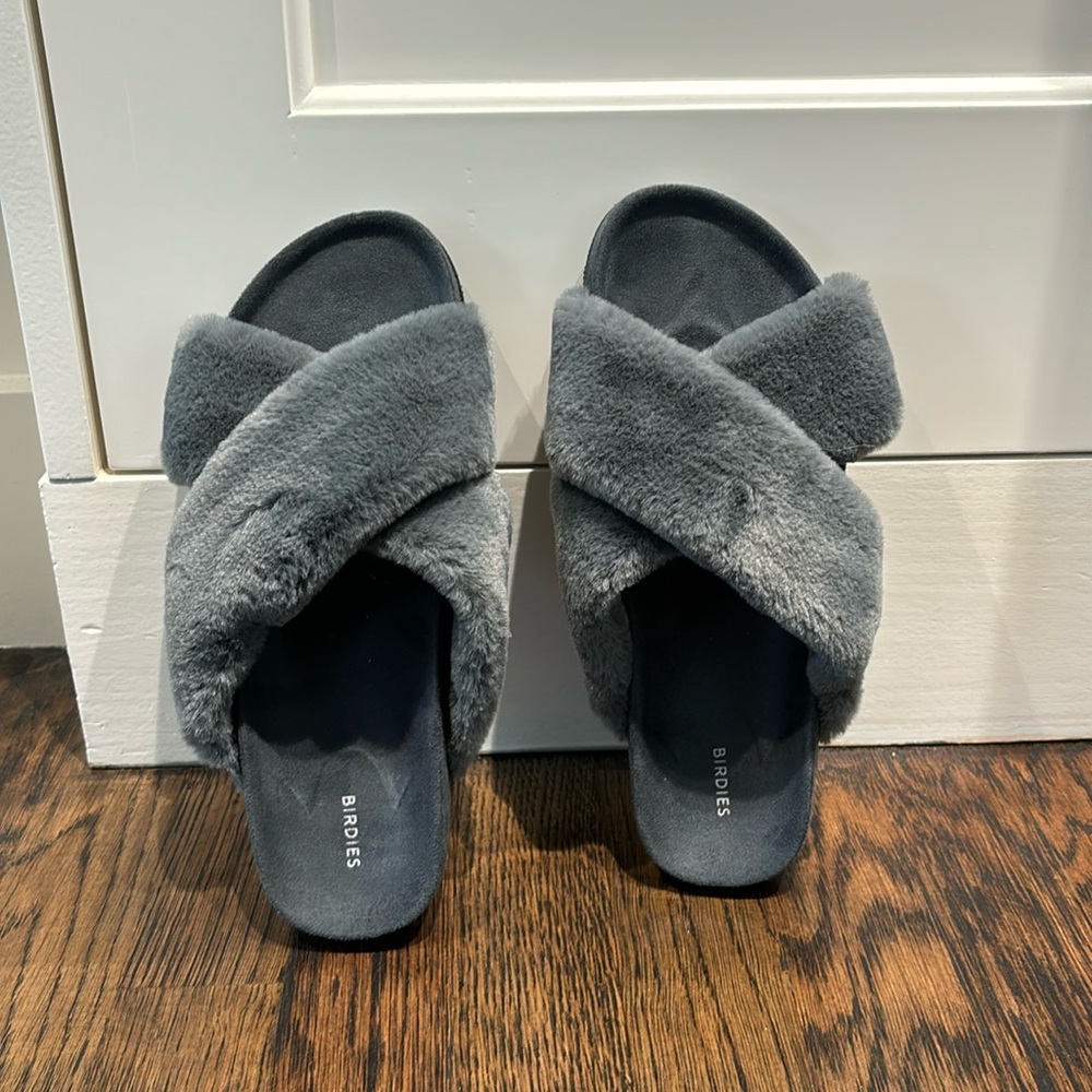 Birdies The Robin faux fur slides in pewter